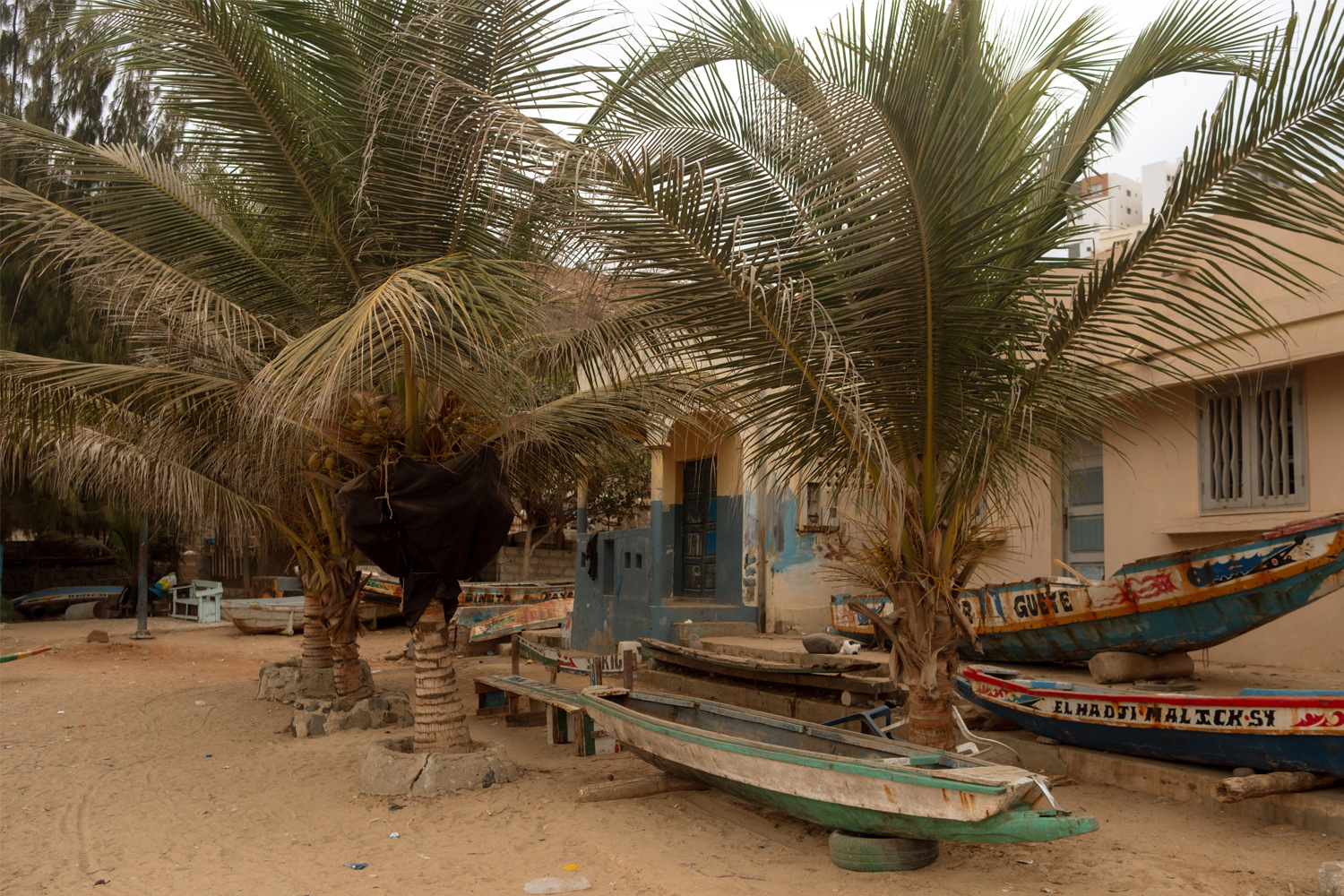 Wooden fishing pirogues sit on the shore of Oakam, Senegal